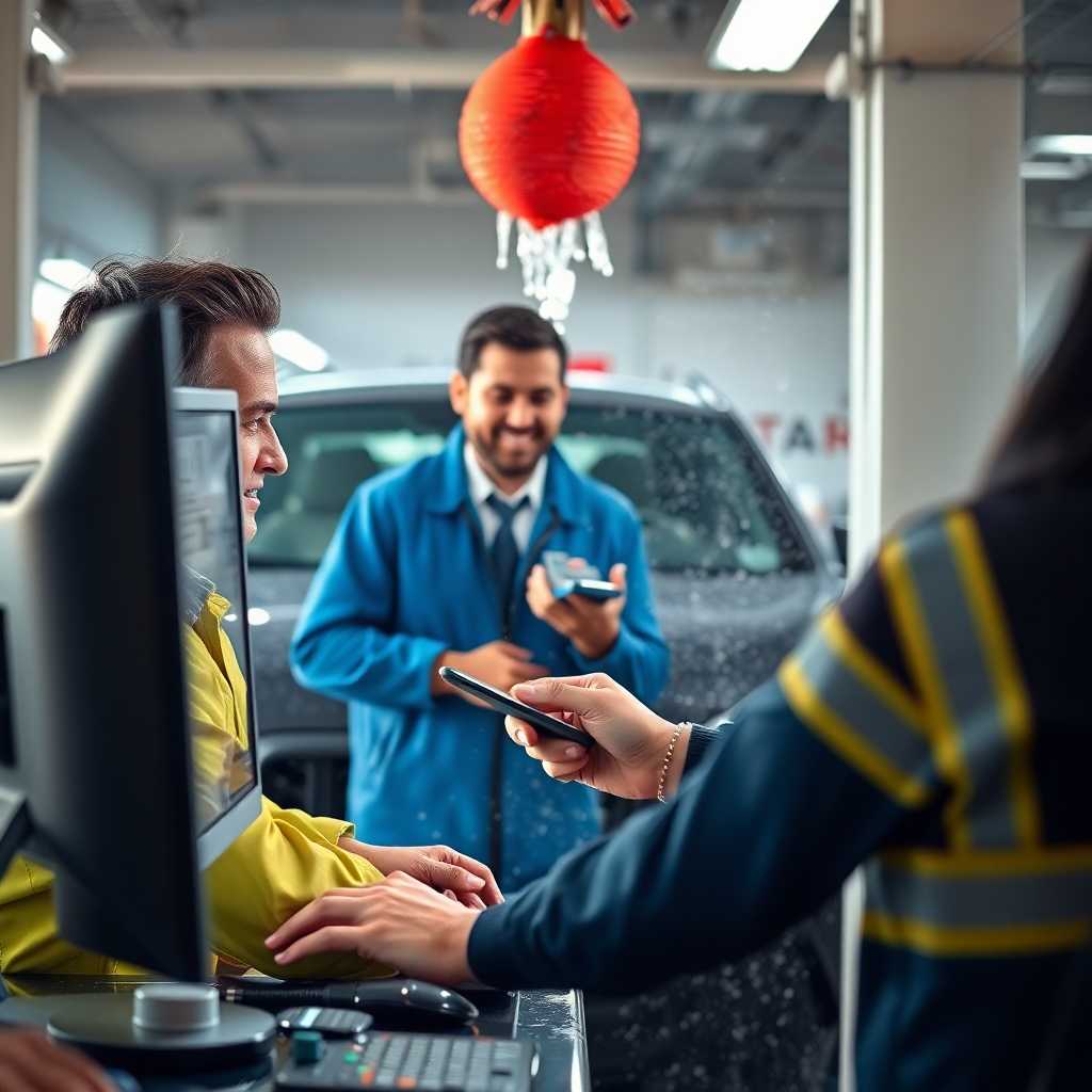 Car wash owner checking messages on desktop with satisfied customers in view
