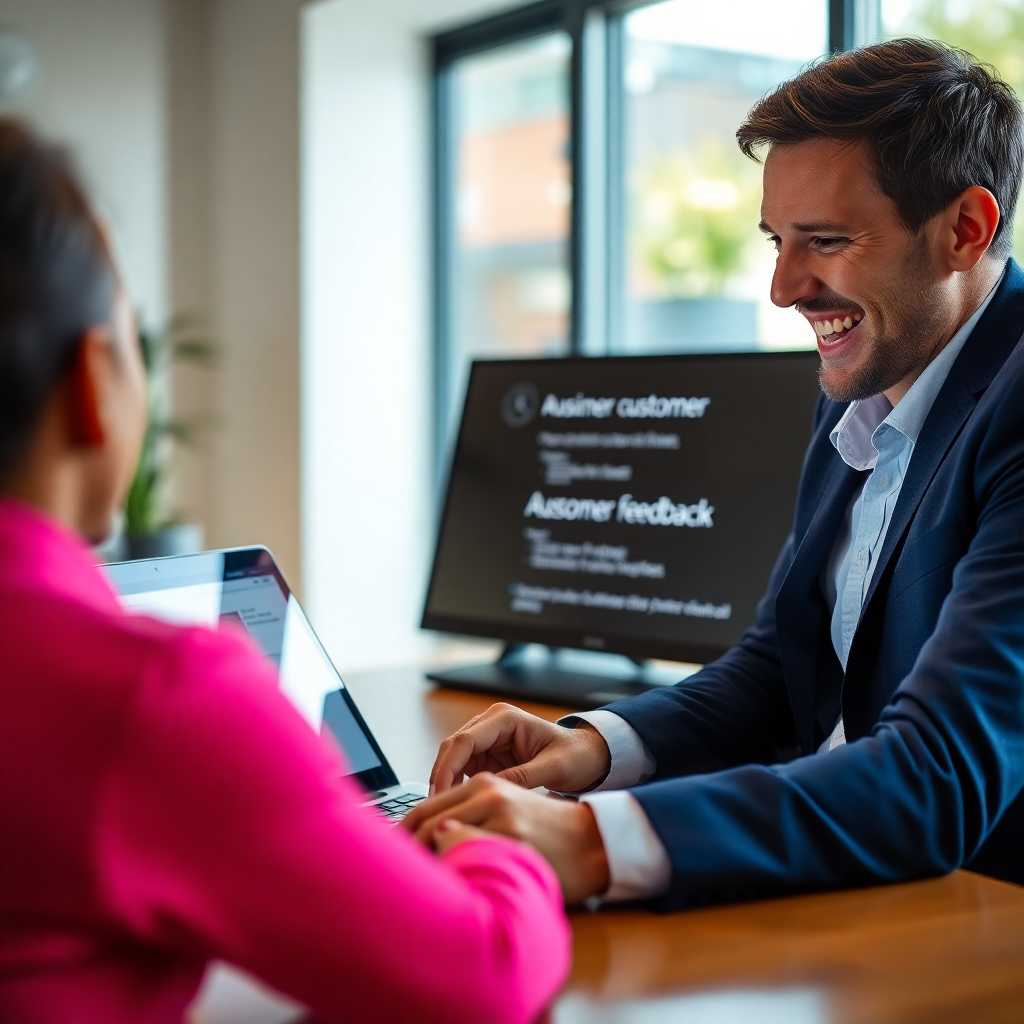 A joyful business consultant reviewing amazing customer feedback on their laptop screen.