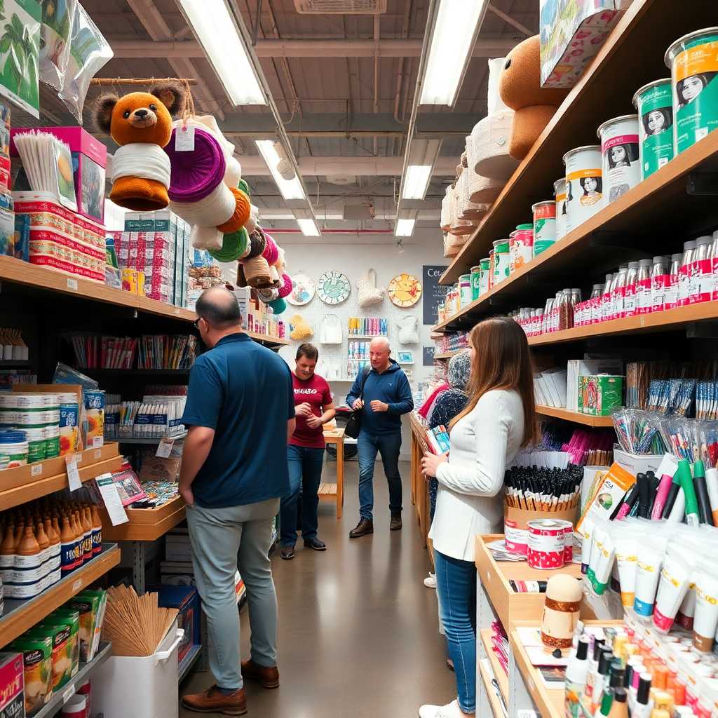 A vibrant craft store showcasing organized shelves and happy customers