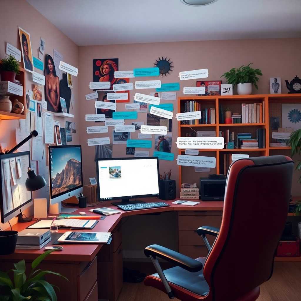A busy home office cluttered with text messages, symbols of incoming client inquiries