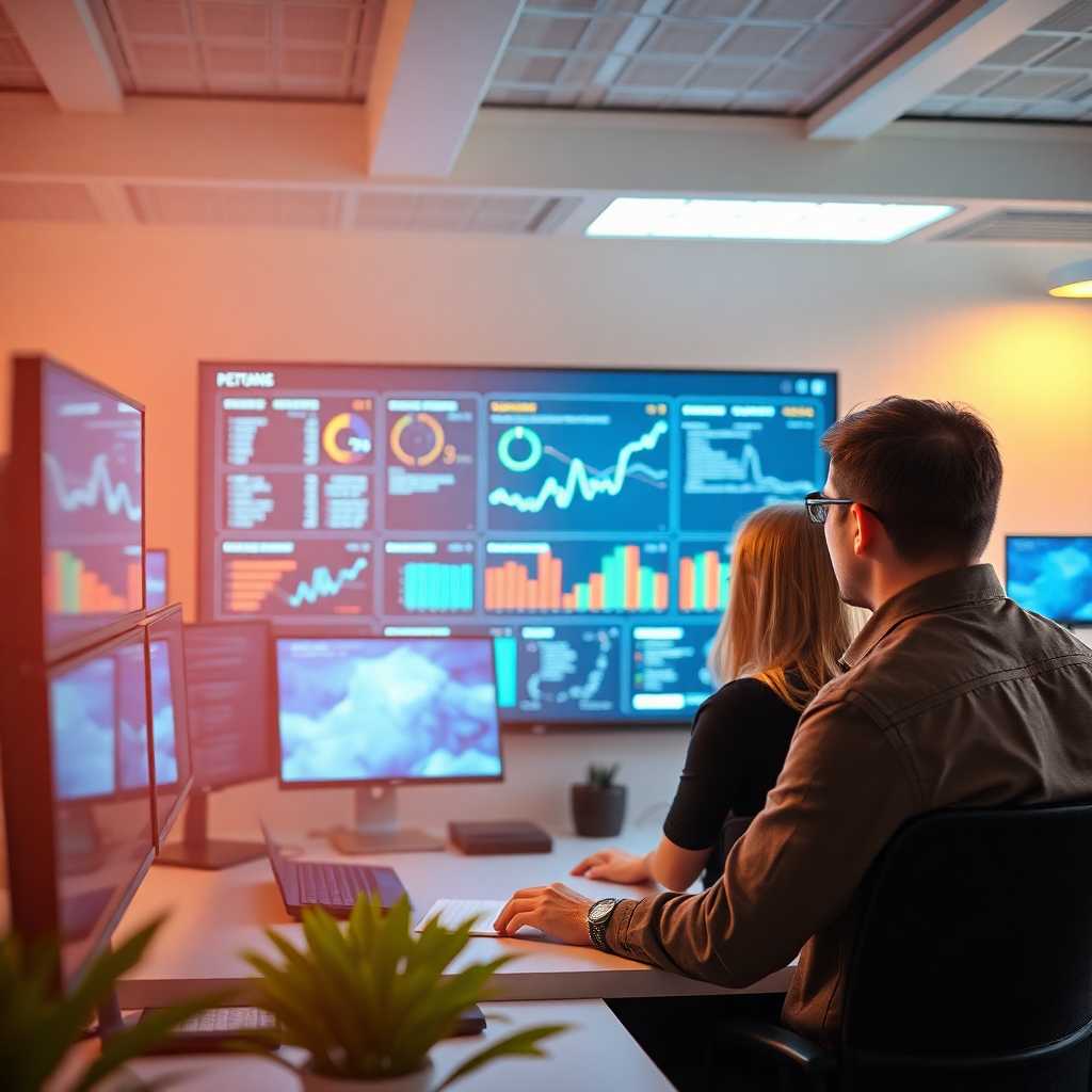 Team reviewing digital dashboard in an office