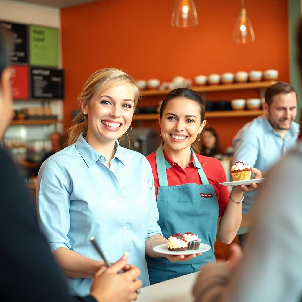 Successful Cupcake Shop owners smiling and engaging with customers