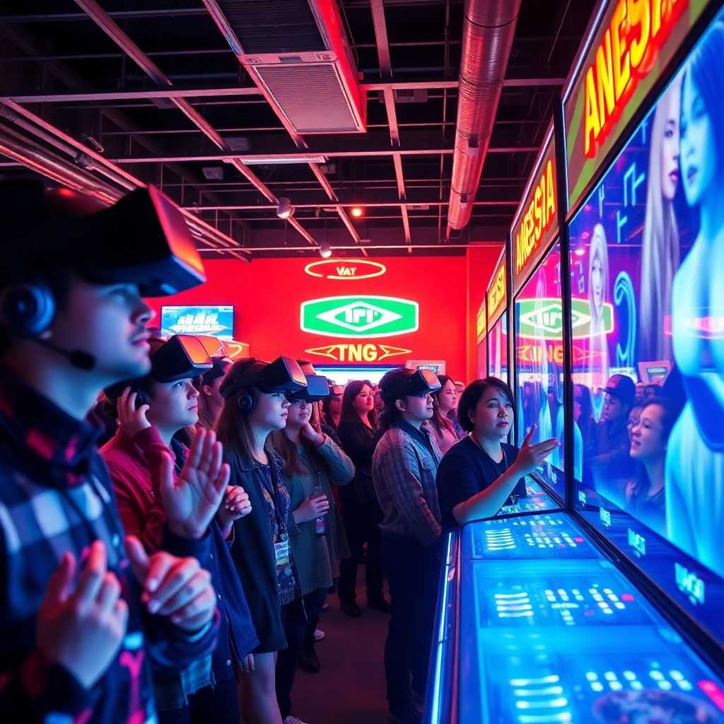 A virtual reality arcade crowded with eager customers