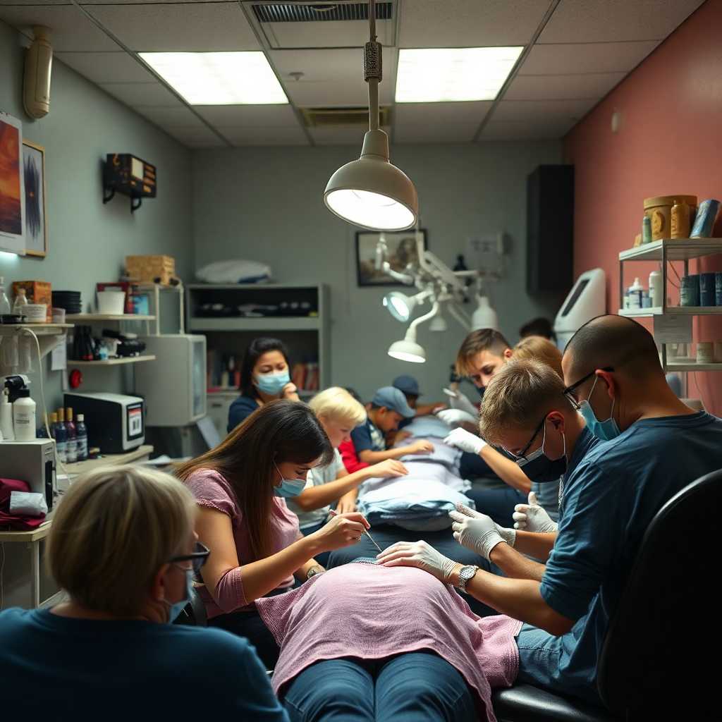 A busy piercing studio during peak hours