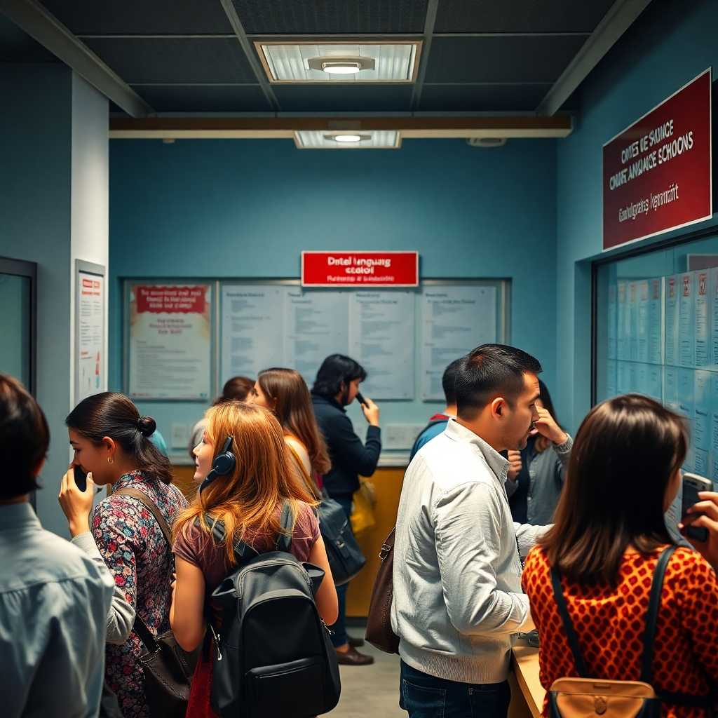 Busy language school reception with multiple phone inquiries