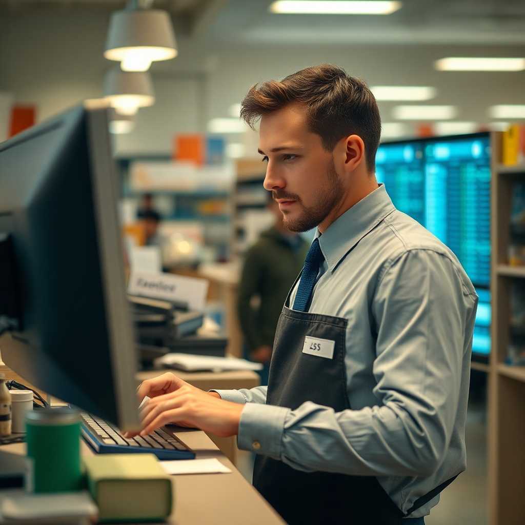 A clerk checking order details on a computer