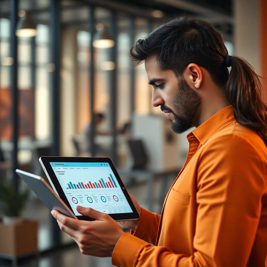 Business owner reviewing service dashboard on tablet