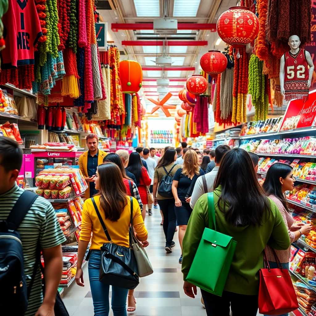 Engaged shoppers bustling in a colorful store