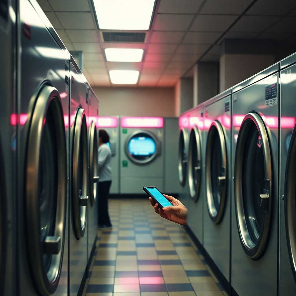 Laundromat receiving automated SMS inquiries on a phone screen