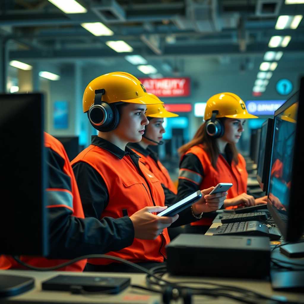 A courier dispatch team using computers and cellphones to automate communication.