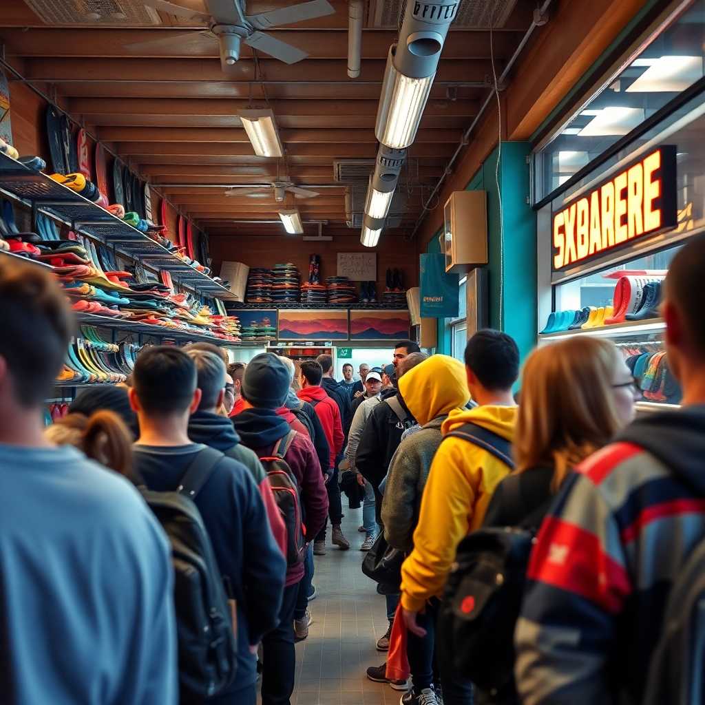 Bustling skate rental shop with a queue of customers awaiting service