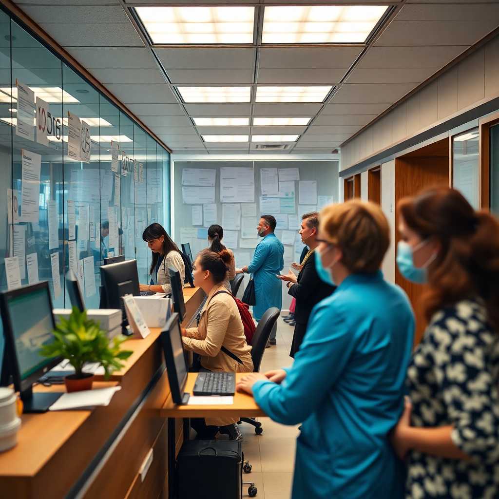 Busy clinic reception area with staff managing many client messages