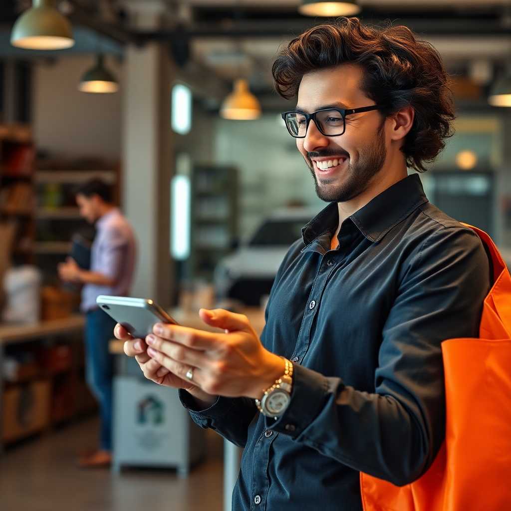 Business owner happily reviewing schedules on a mobile app