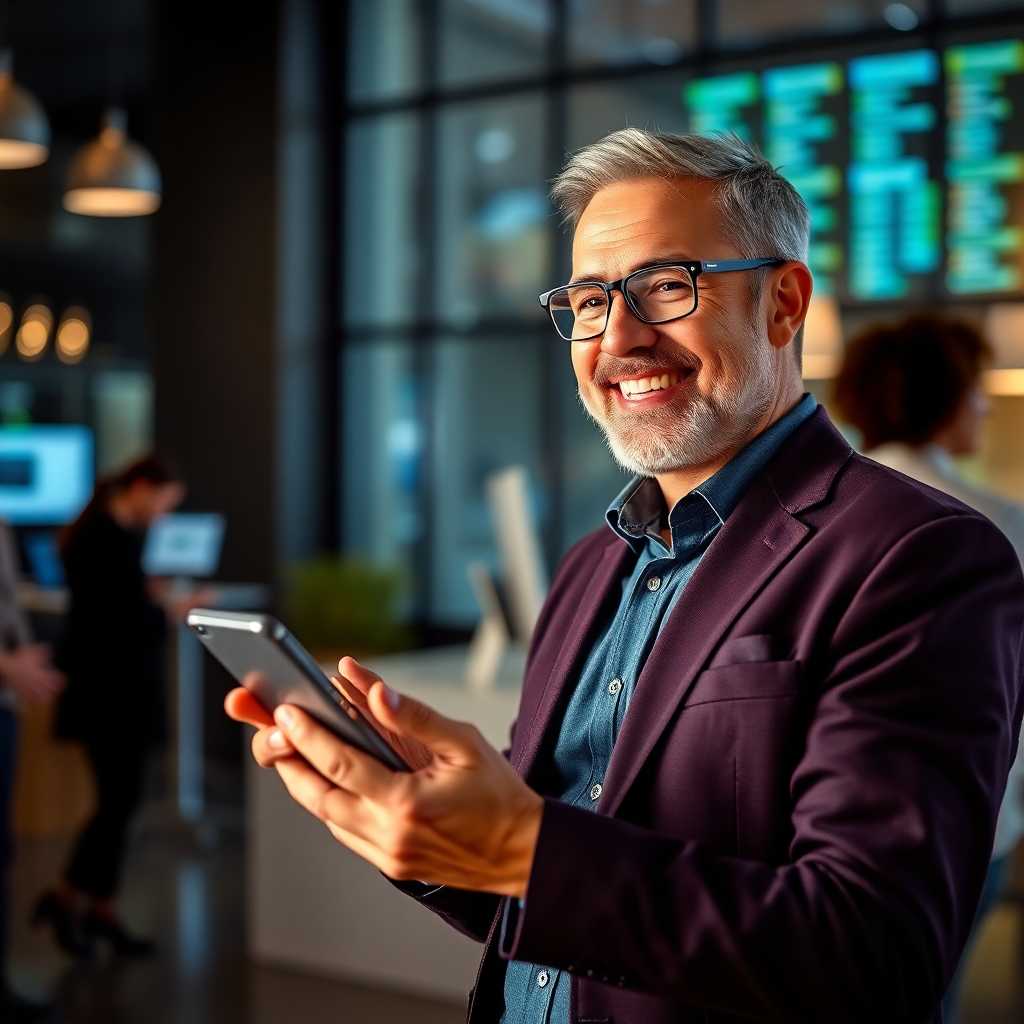 Smiling business owner with mobile device—happy with integrated systems