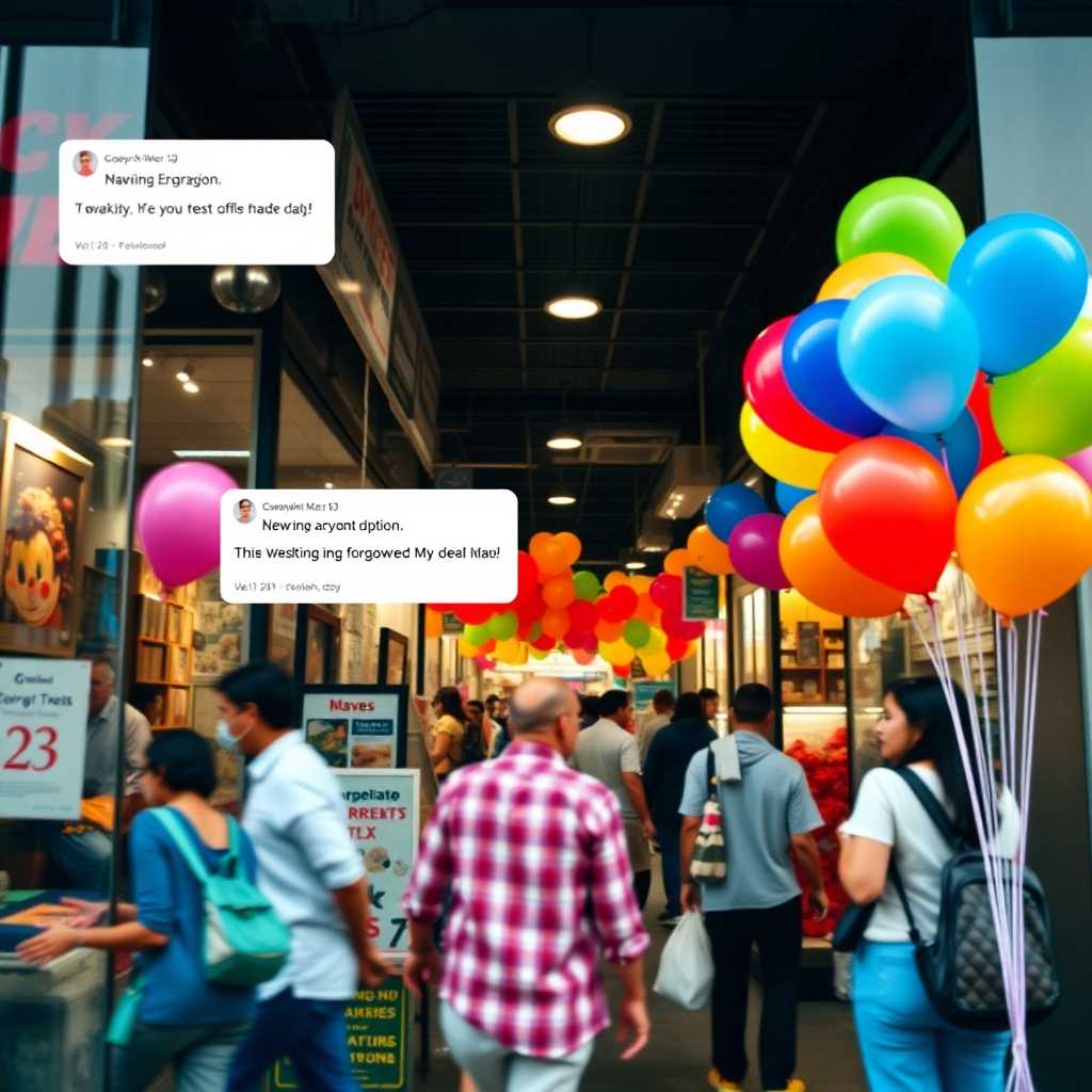 A busy storefront with balloons and incoming texts overlay