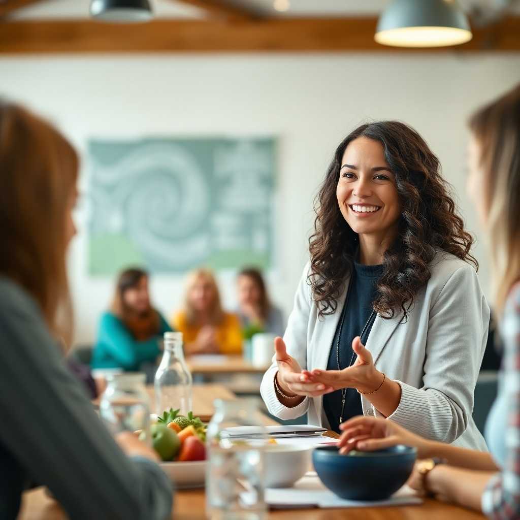 Happy nutritional counselor at her client-filled workshop
