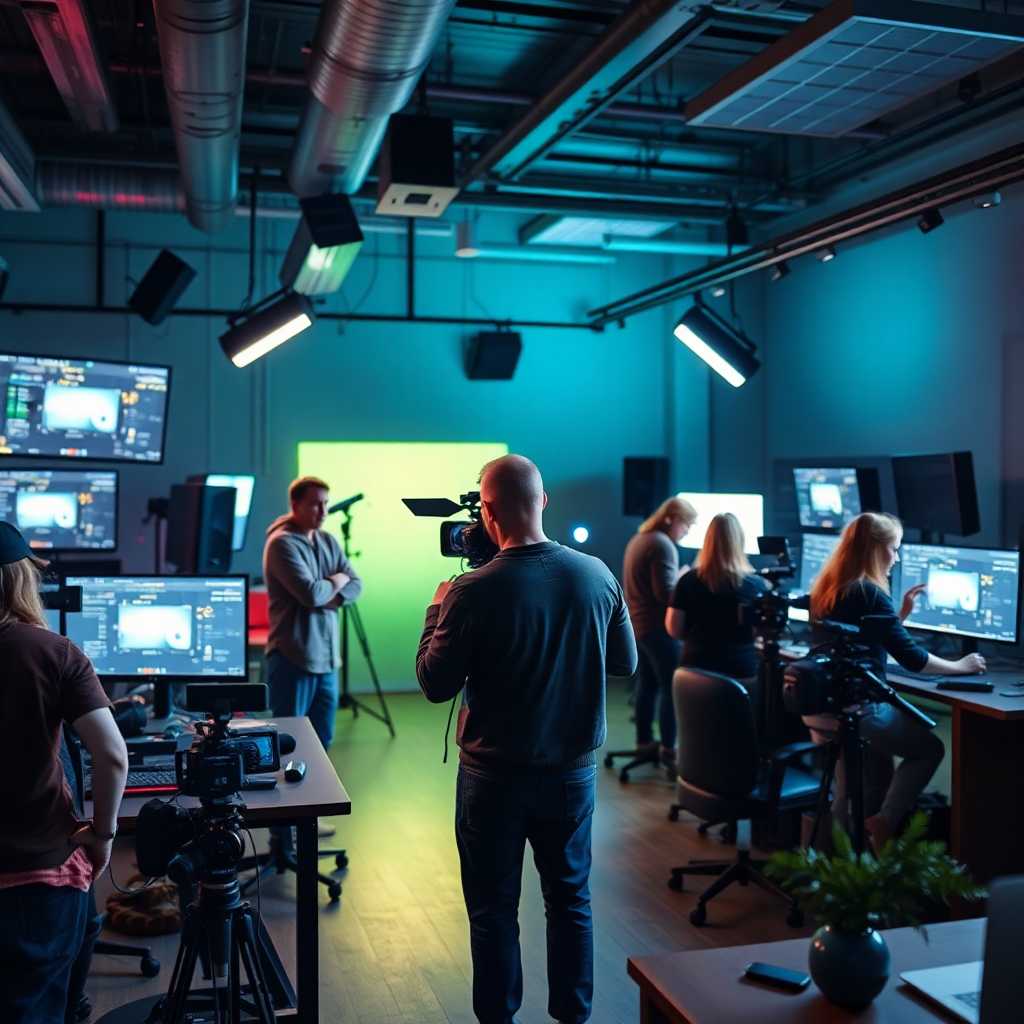 Videographer studio with busy team managing texts.