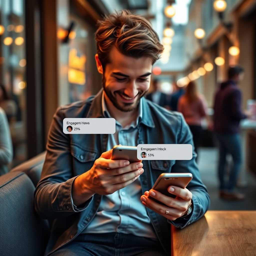 Client happily texting on mobile with notifications showing engagement ratings