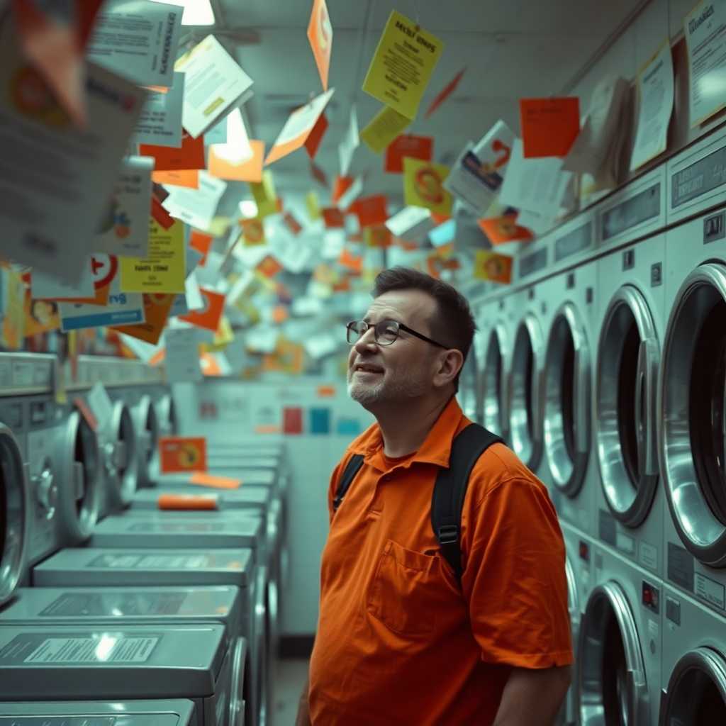 Overwhelmed laundromat owner amidst a flurry of messages