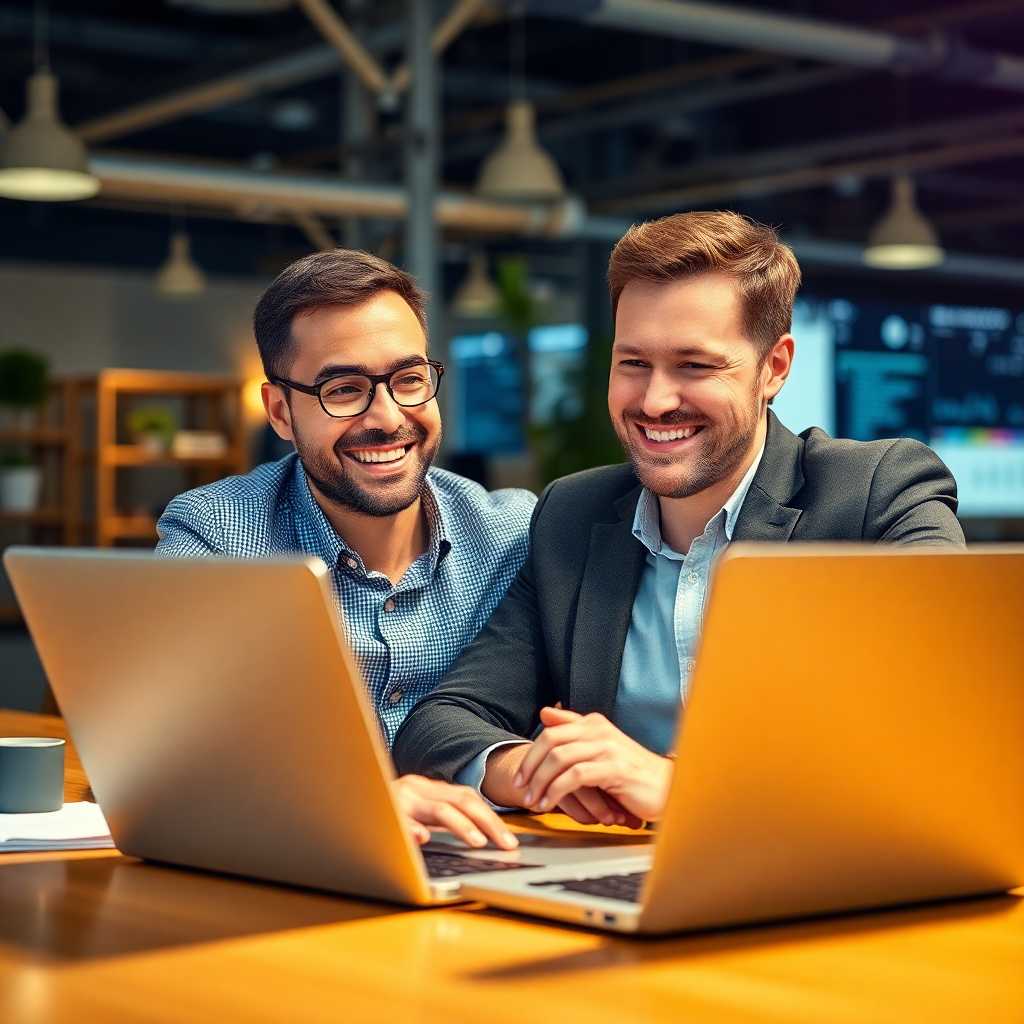 A smiling business owner overseeing successful operations via a laptop.