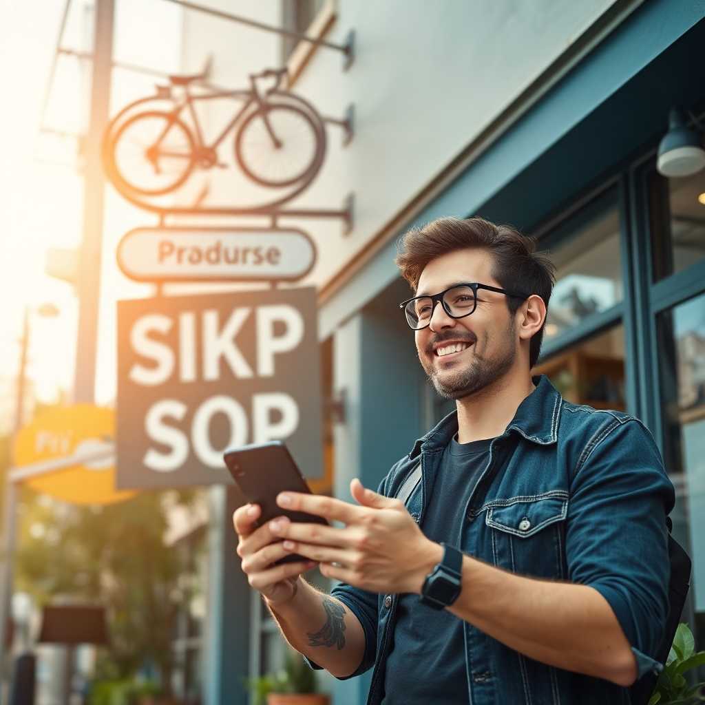 Entrepreneur holding phone beside bike shop sign with cheerful expression