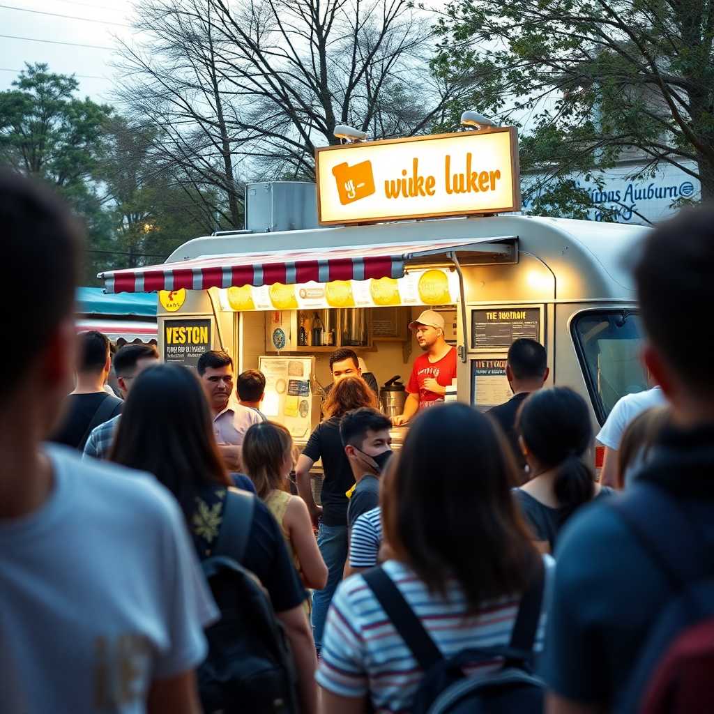 A bustling food truck surrounded by patrons, highlighting the need for quick, effective communication.