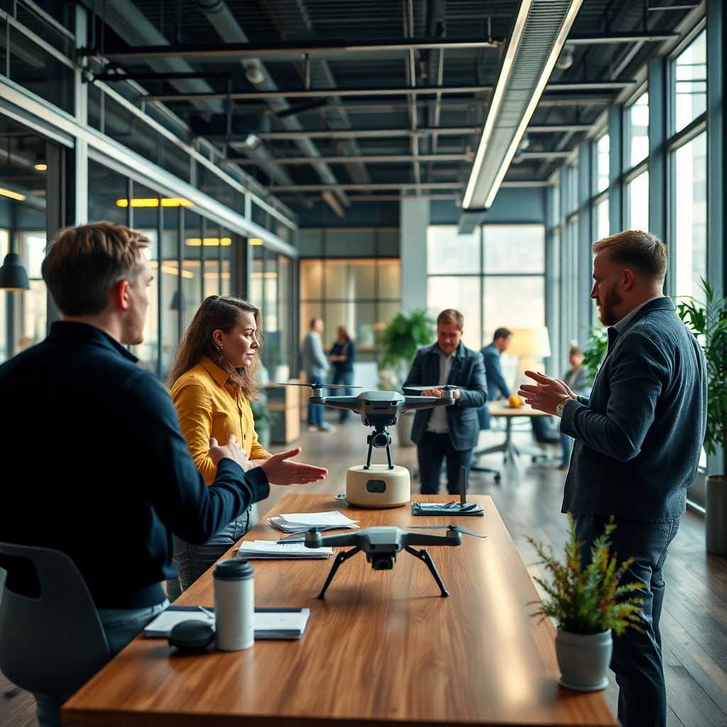 A drone photography team discussing strategy in a bustling office.