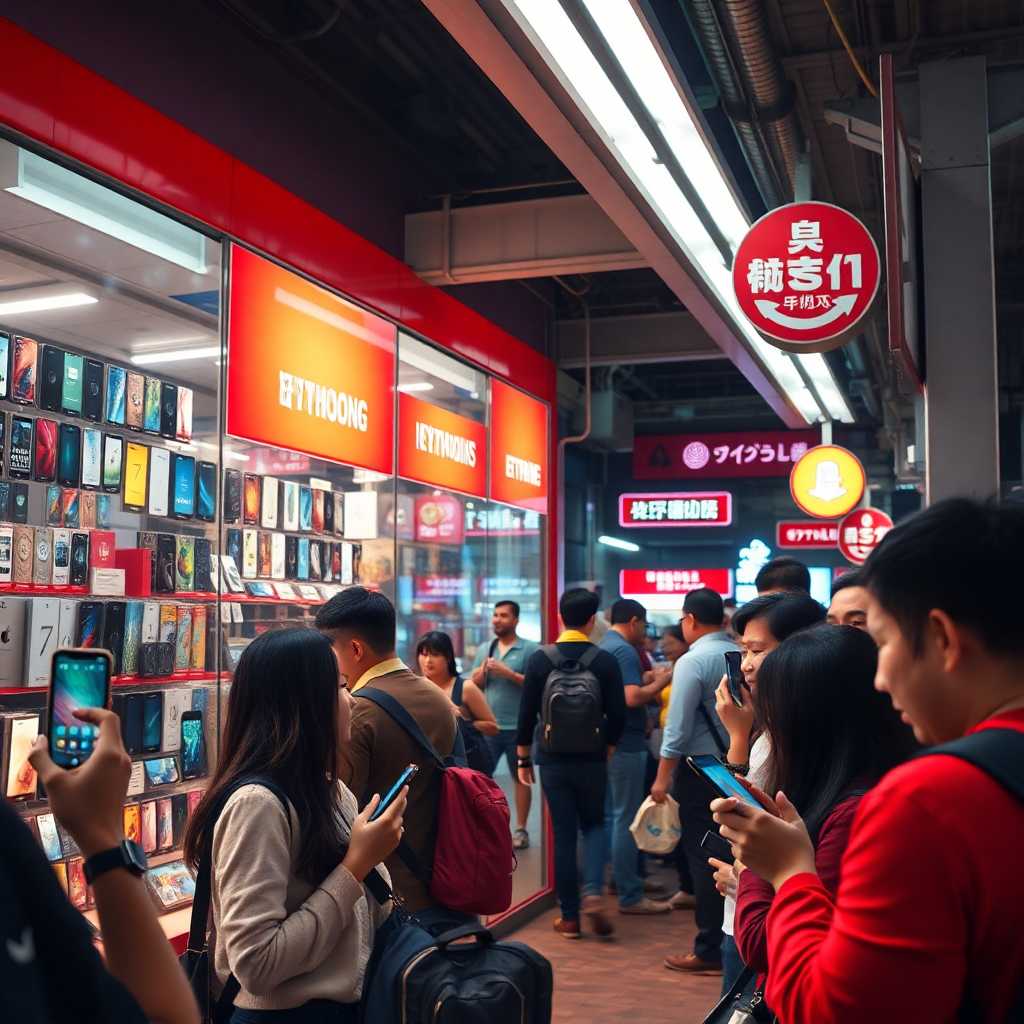 A bustling mobile electronics storefront with phones buzzing