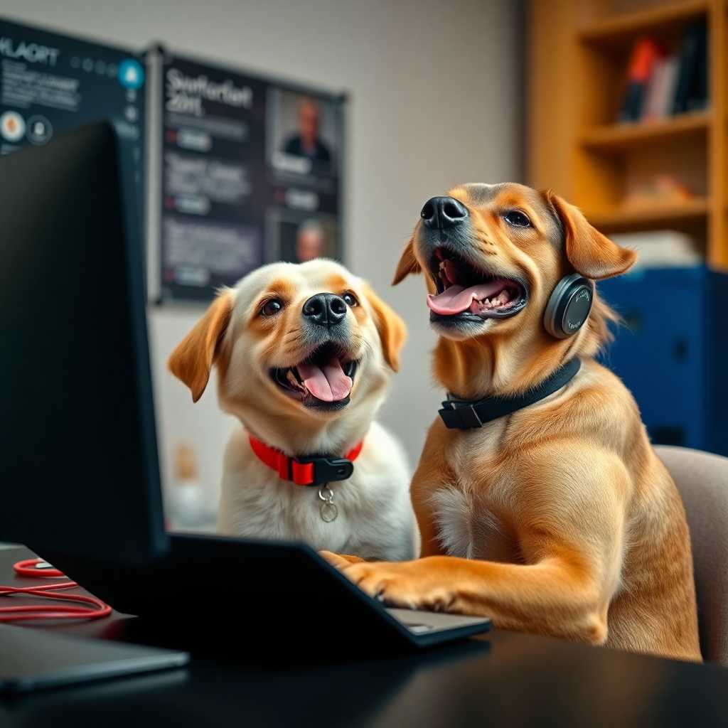 Dog trainer happily managing messages on a desktop portal