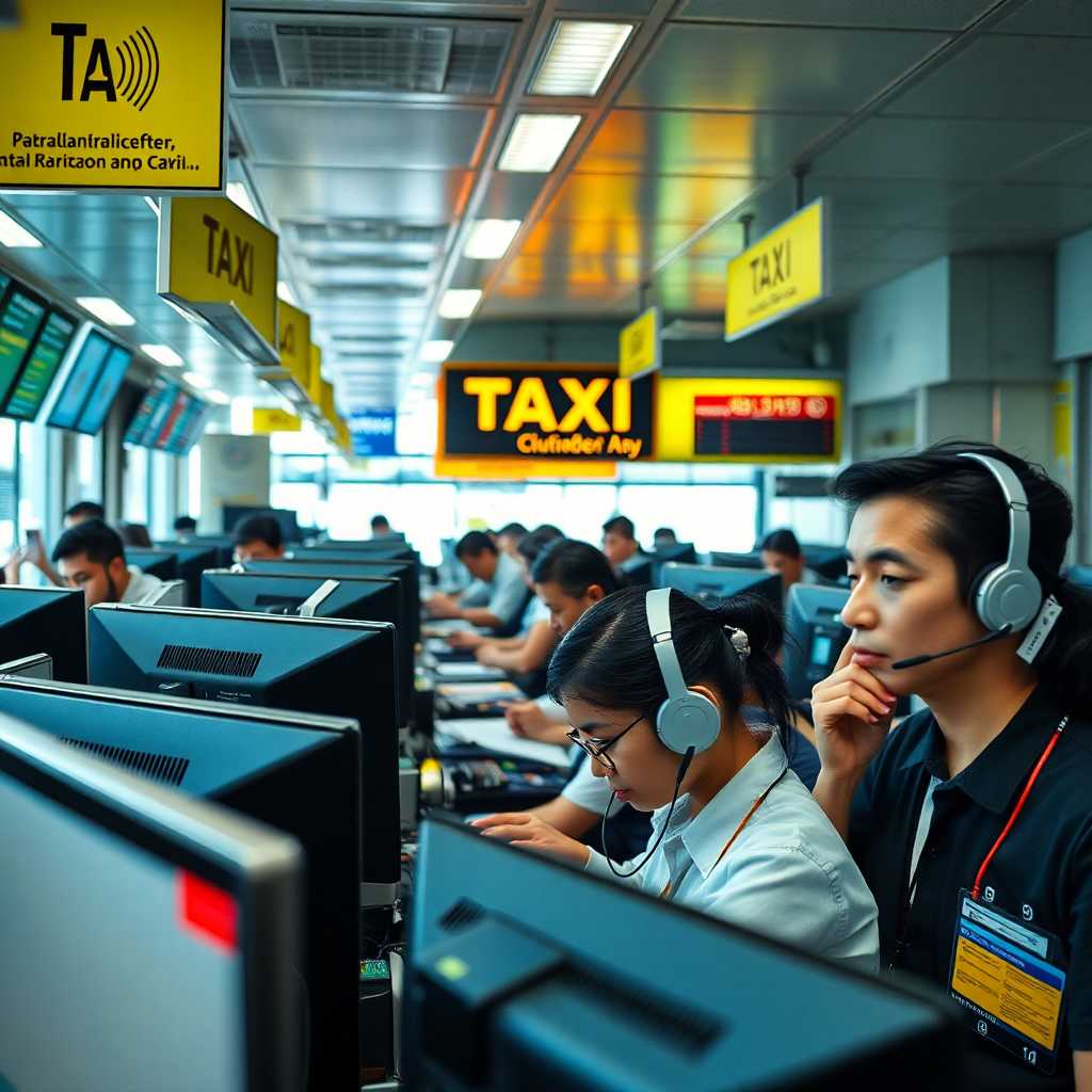 A bustling taxi dispatch center with operators efficiently managing calls