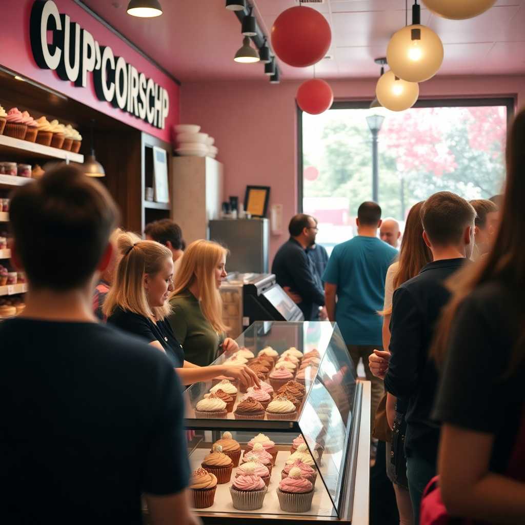 A busy cupcake shop during a weekend, illustrating heightened activity