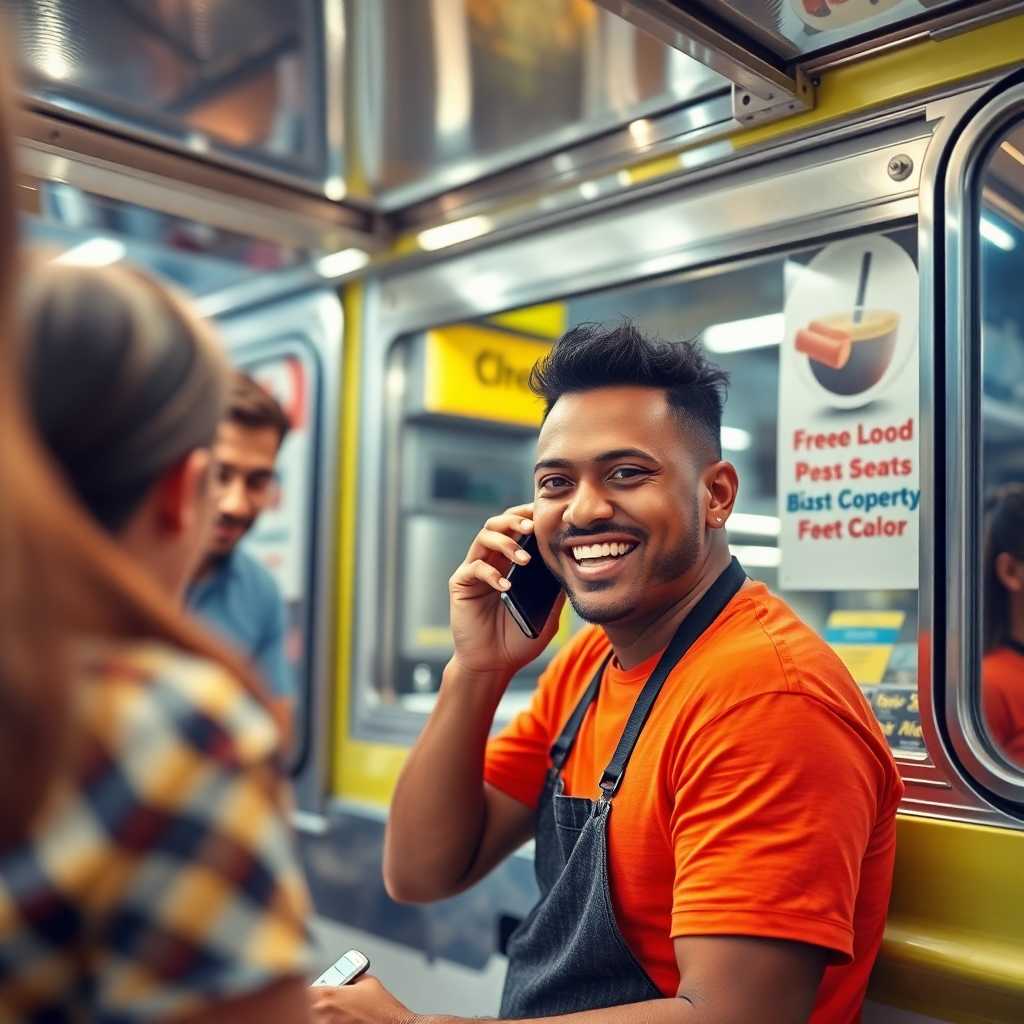 Smiling food truck owner on phone with customers