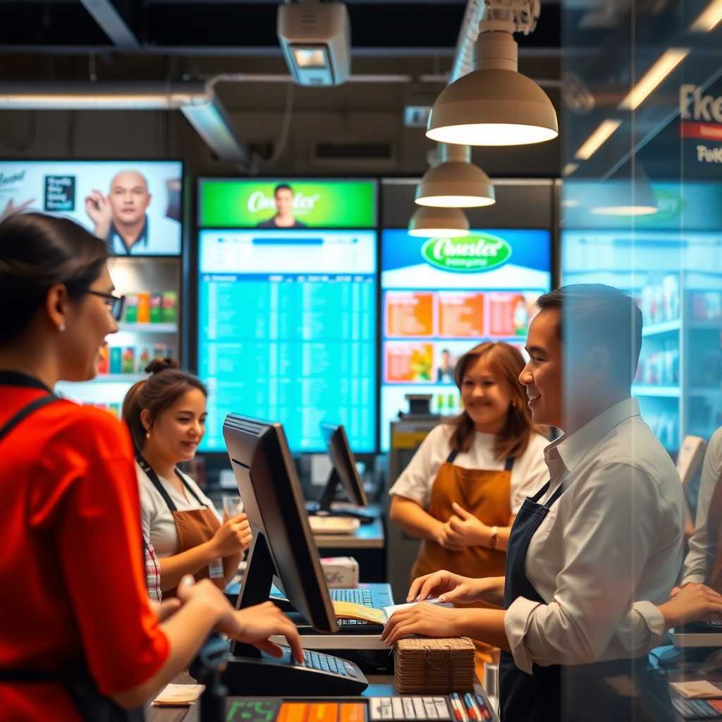 Staff happily managing a busy shop using a digital system