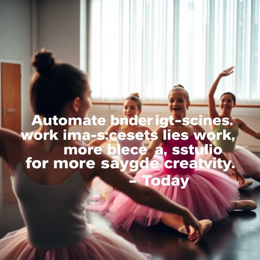 Ballet students in a class, with overlay text: Automate behind-the-scenes work for more dance studio creativity – Today.