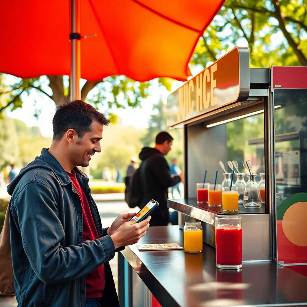 Customer texting their order to a juice bar at the park.