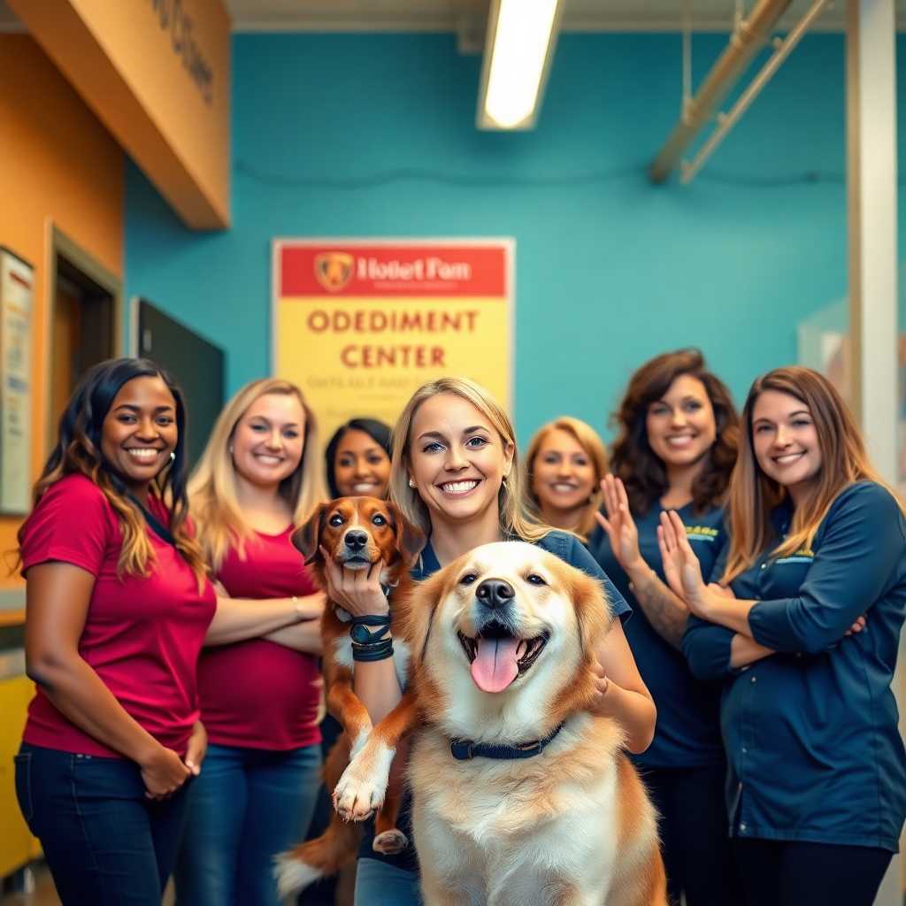 Emma with her team at their dog obedience center, celebrating increased enrollments.