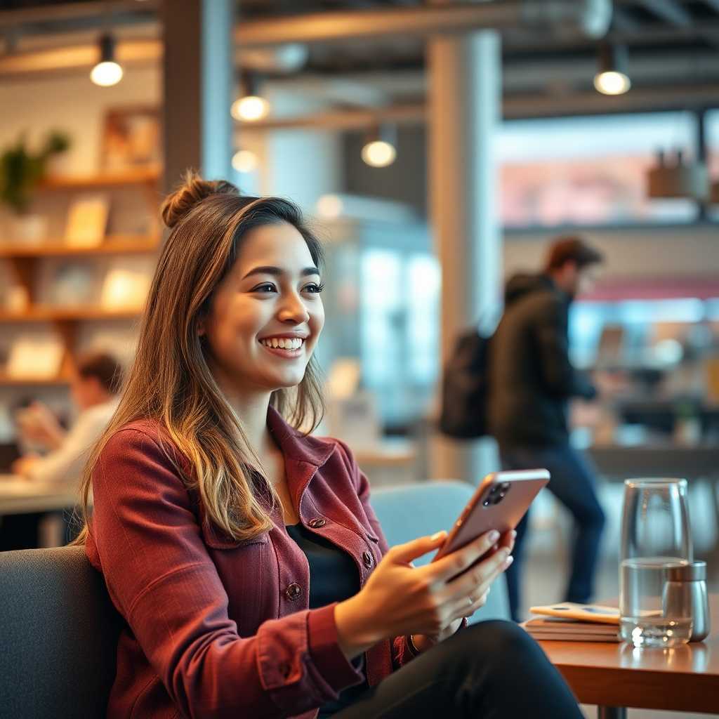 Customer looking relaxed with her phone in a content environment