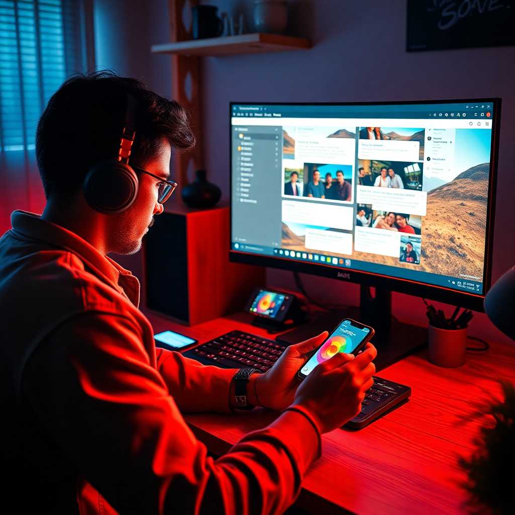 Freelancer editing photos on a desktop while receiving SMS updates.
