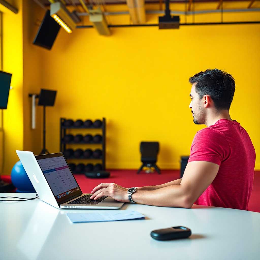 Personal trainer answering queries on a laptop in a vibrant studio