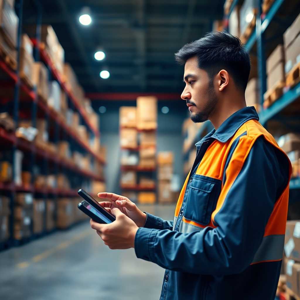 A worker using handheld technology to track inventory in a warehouse environment.