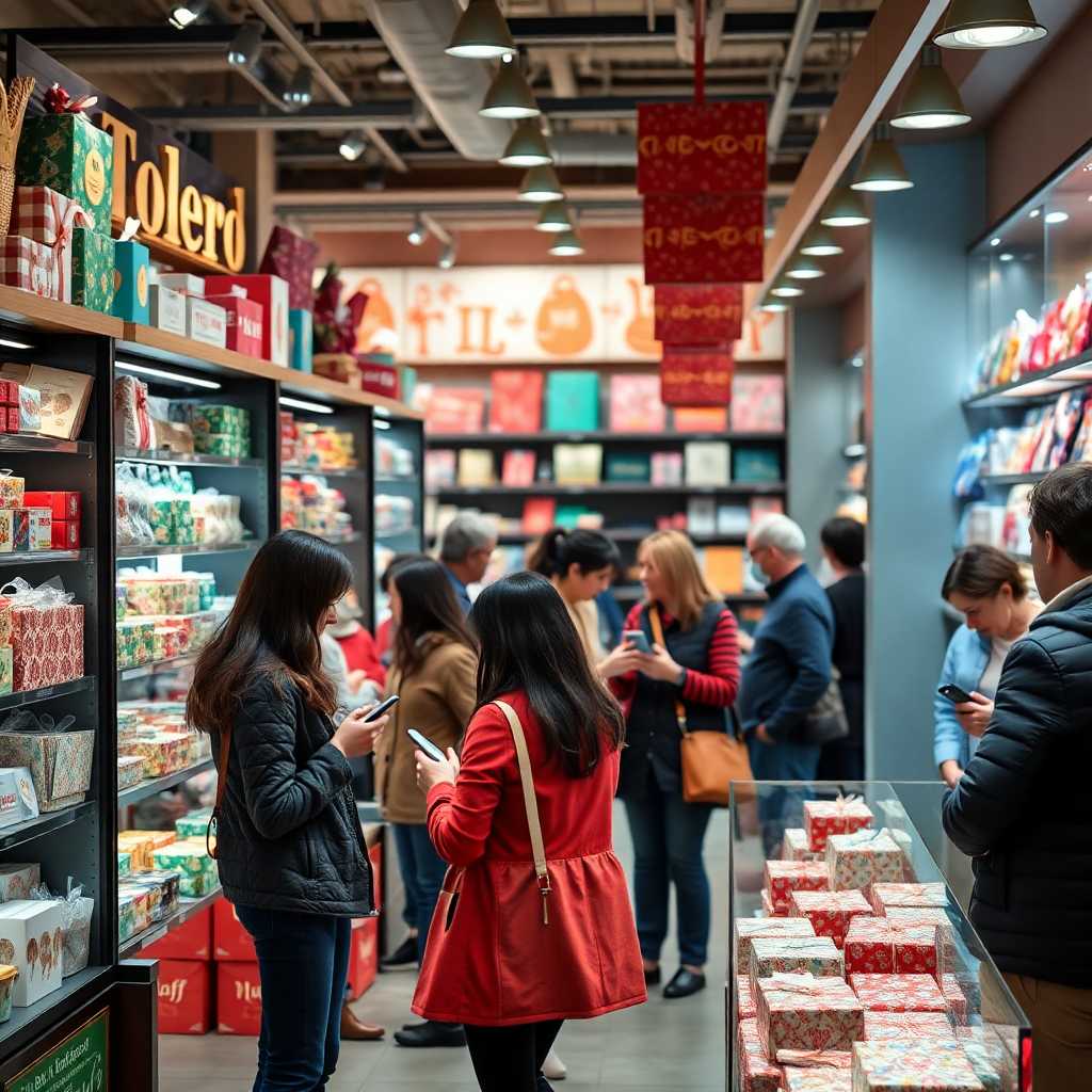 A bustling gift shop with multiple customers texting questions.