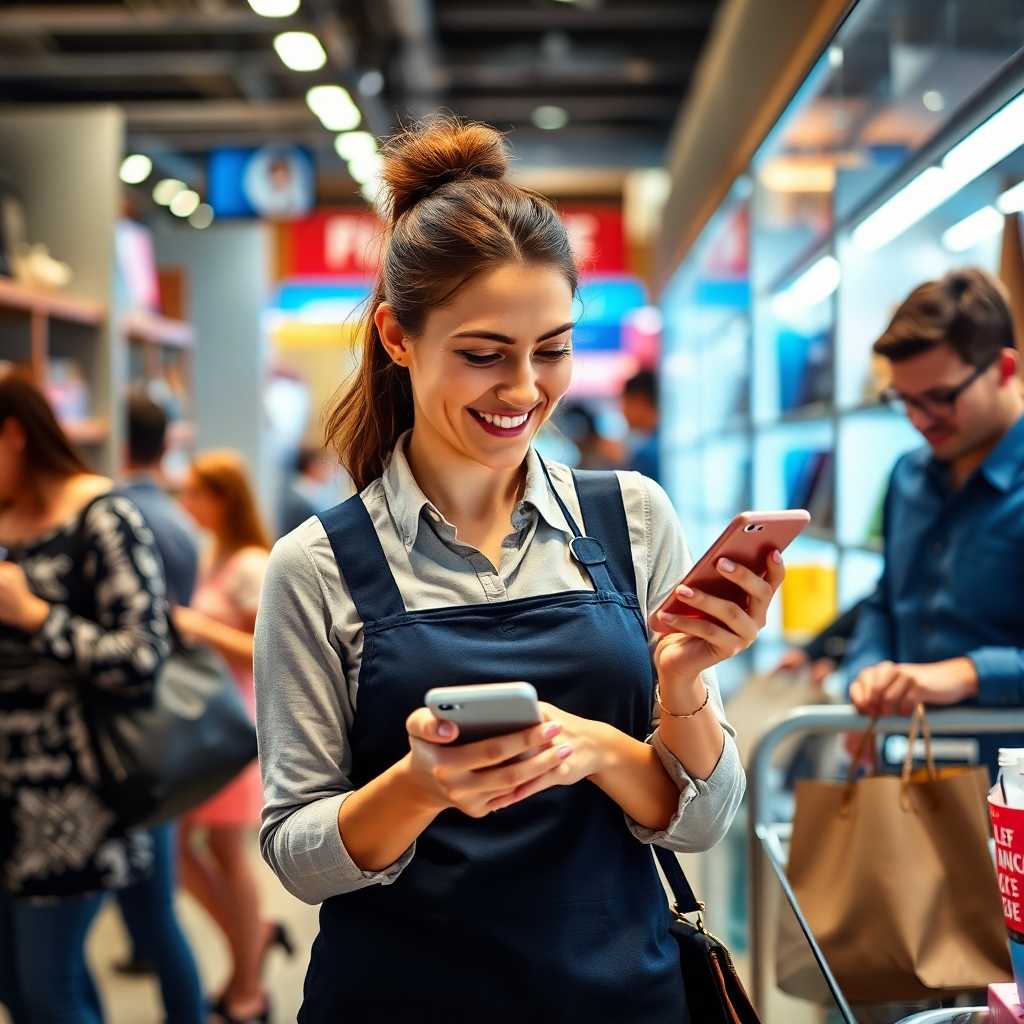 Store assistant happily texting on their phone while customers browse in the background.
