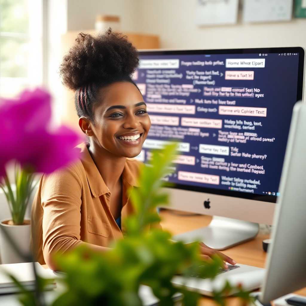 Home organization consultant smiling at computer screen with organized text threads