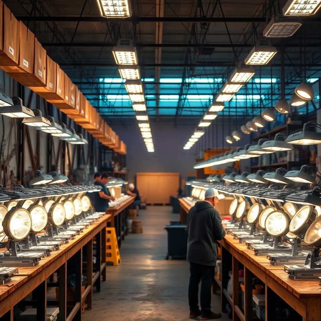 A busy workshop filled with landscape lighting fixtures.