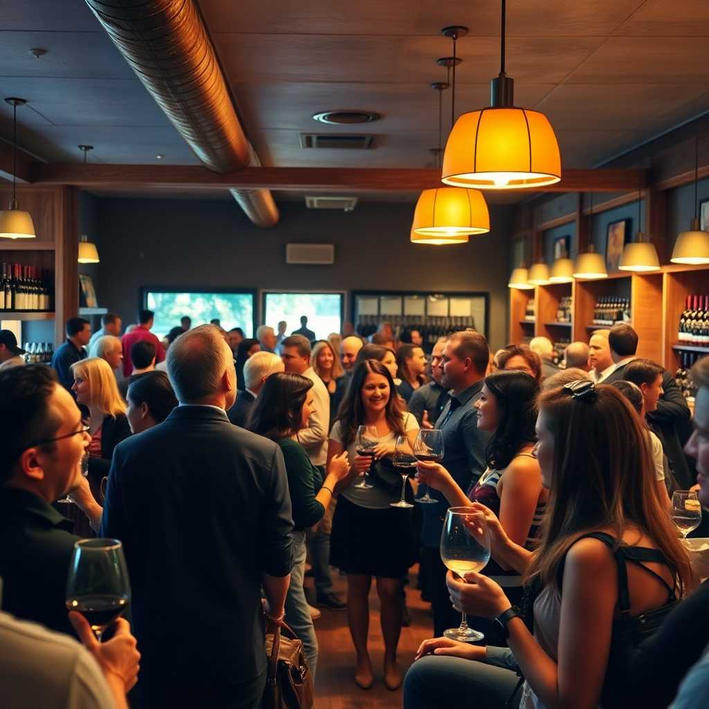 Busy tasting room filled with happy customers eager to enjoy wine.