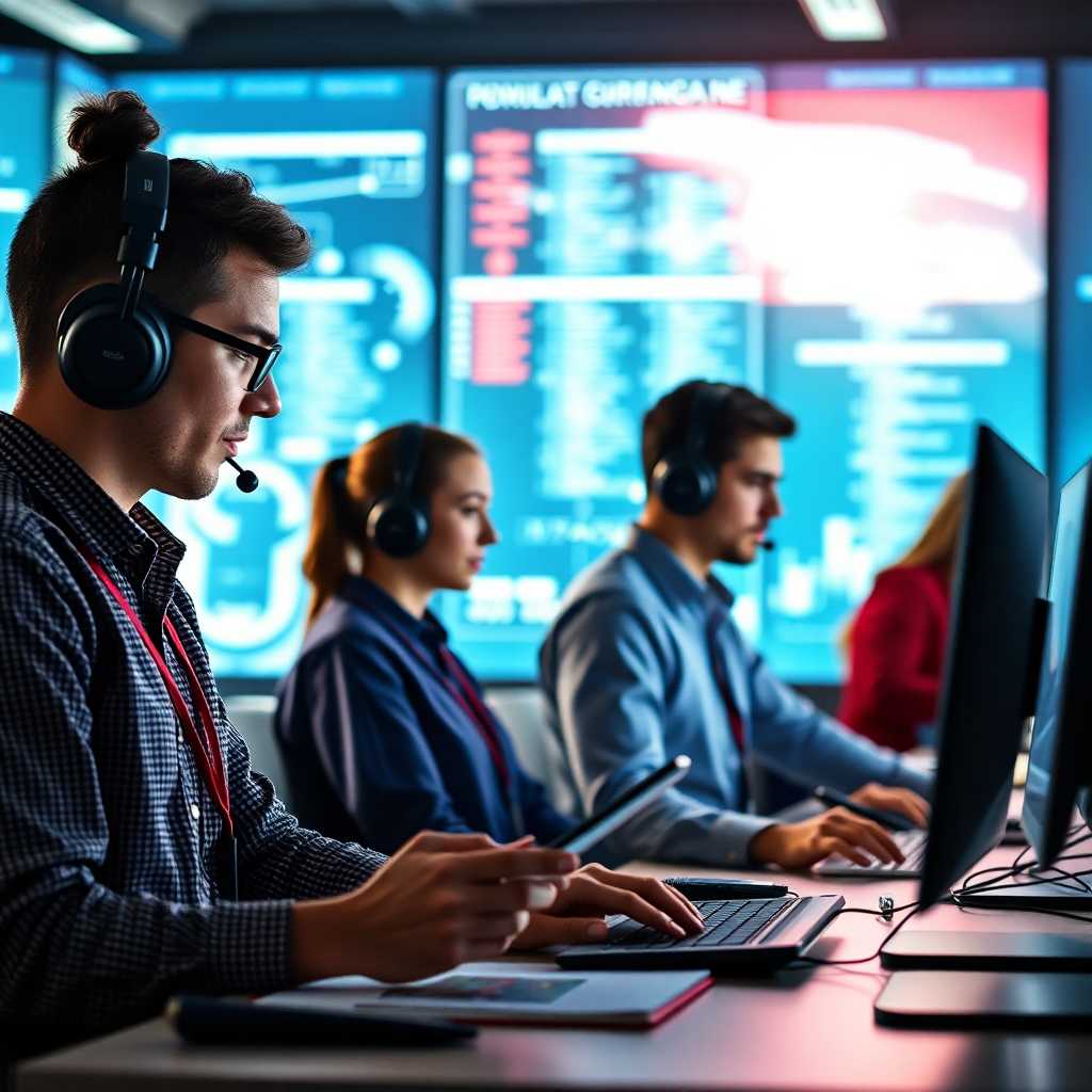 Employees efficiently managing customer communications through multiple devices