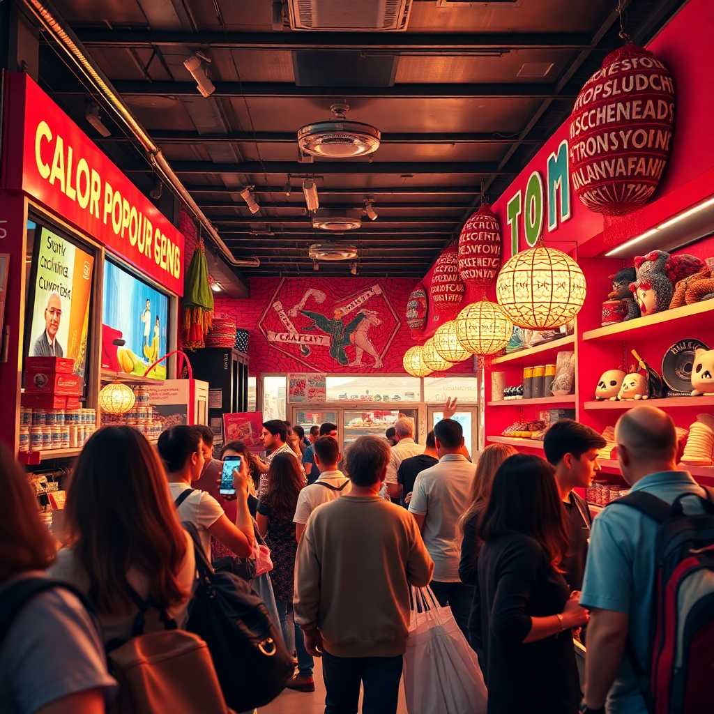 A vibrant, crowded pop-up shop with customers texting questions