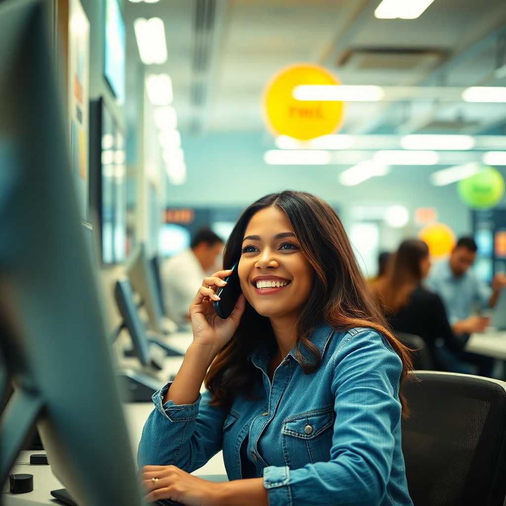 A happy customer talking on the phone