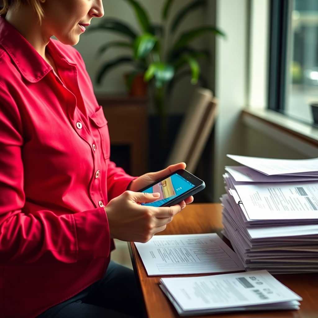 A mobile notary using a tablet while sitting next to a pile of paperwork.