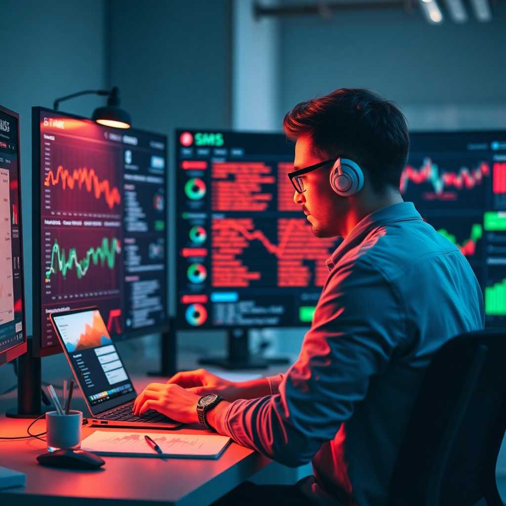 Designer analyzing data from SMS dashboard